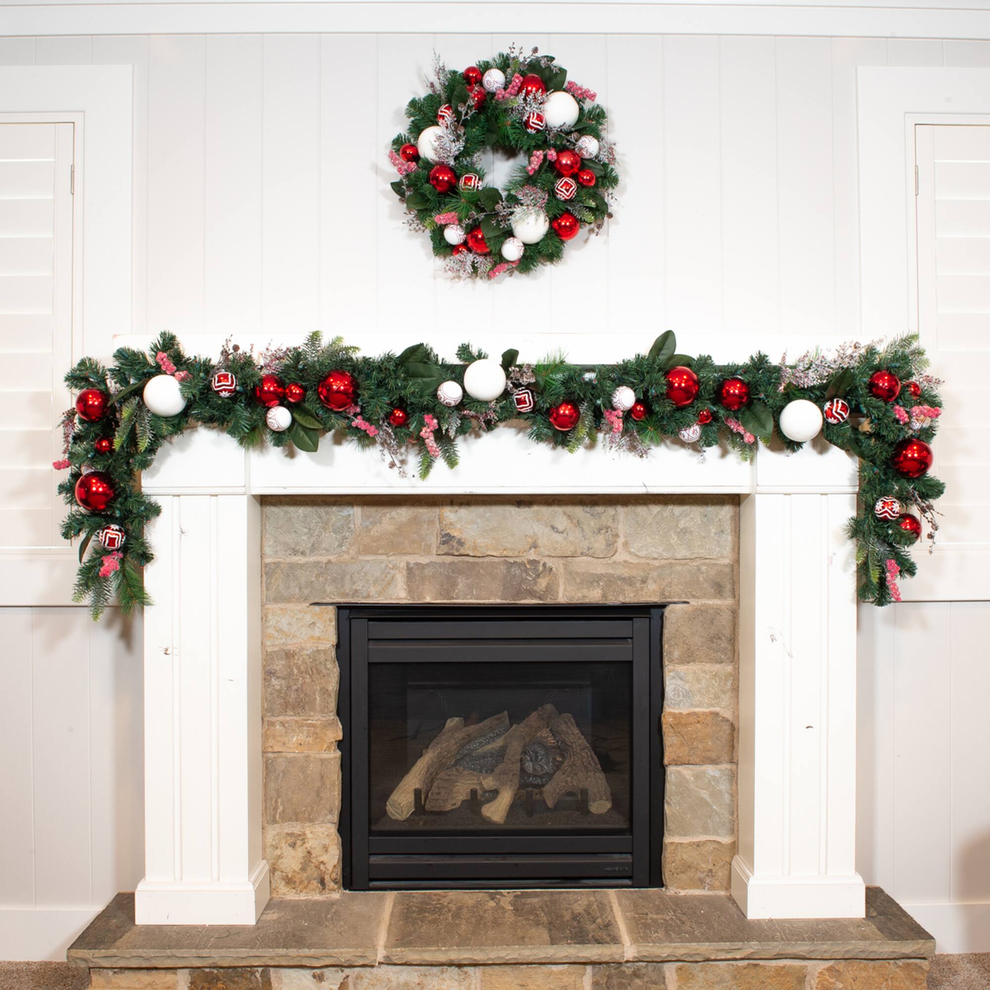 Village Lighting 24" Pre-Lit Nordic Christmas Wreath, Red & Clear LED Lights